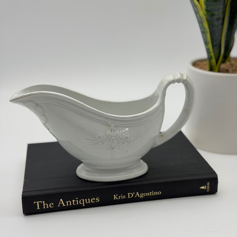 Antique Clementson Brothers White Ironstone Gravy Boat Embossed Leaf Hanley - Picture 7 of 7